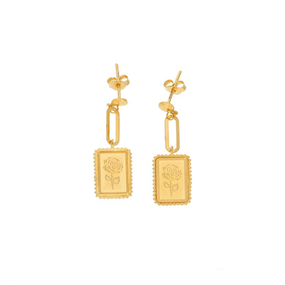 Gold Rose Engraved Tag Shaped Earring 21KT - FKJERN21KM9860