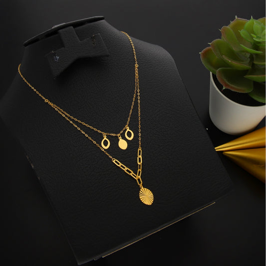 Gold Double Layered Necklace (Chain With Leaf Shaped Pendant) 21KT - FKJNKL21KM9892