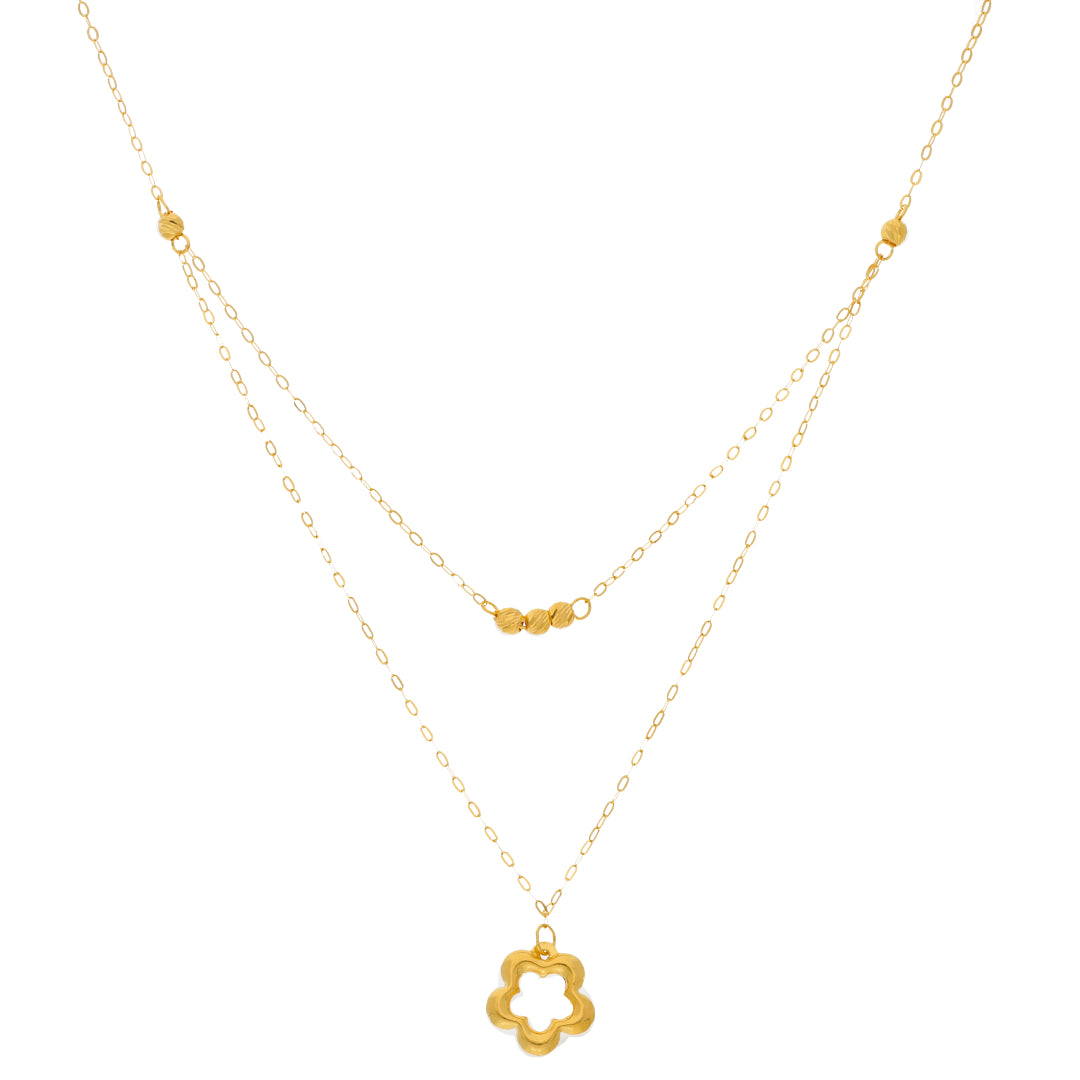 Gold Double Layered Necklace (Chain With Hollow Flower Shaped Pendant) 21KT - FKJNKL21KM9893