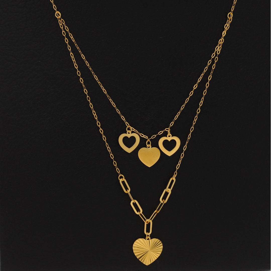 Gold Double Layered Necklace (Chain With Hollow Heart Shaped Pendant) 21KT - FKJNKL21KM9894