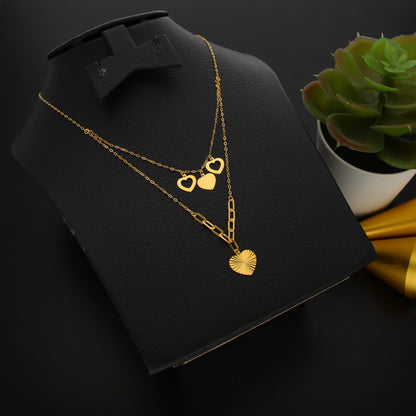 Gold Double Layered Necklace (Chain With Hollow Heart Shaped Pendant) 21KT - FKJNKL21KM9894