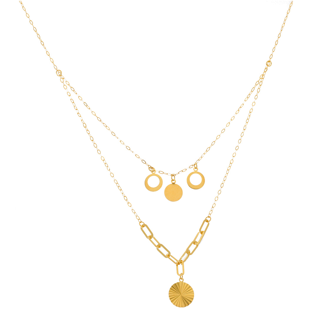 Gold Double Layered Necklace (Chain With Hollow Round Shaped Pendant) 21KT - FKJNKL21KM9895