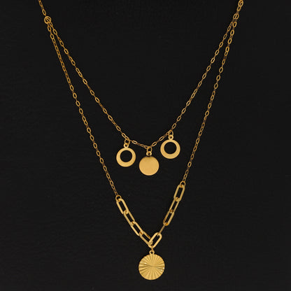 Gold Double Layered Necklace (Chain With Hollow Round Shaped Pendant) 21KT - FKJNKL21KM9895