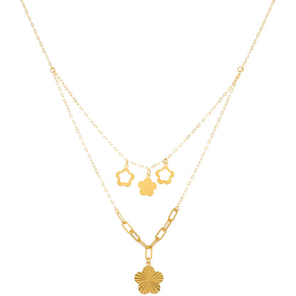 Gold Double Layered Necklace (Chain With Flower Shaped Pendant) 21KT - FKJNKL21KM9896