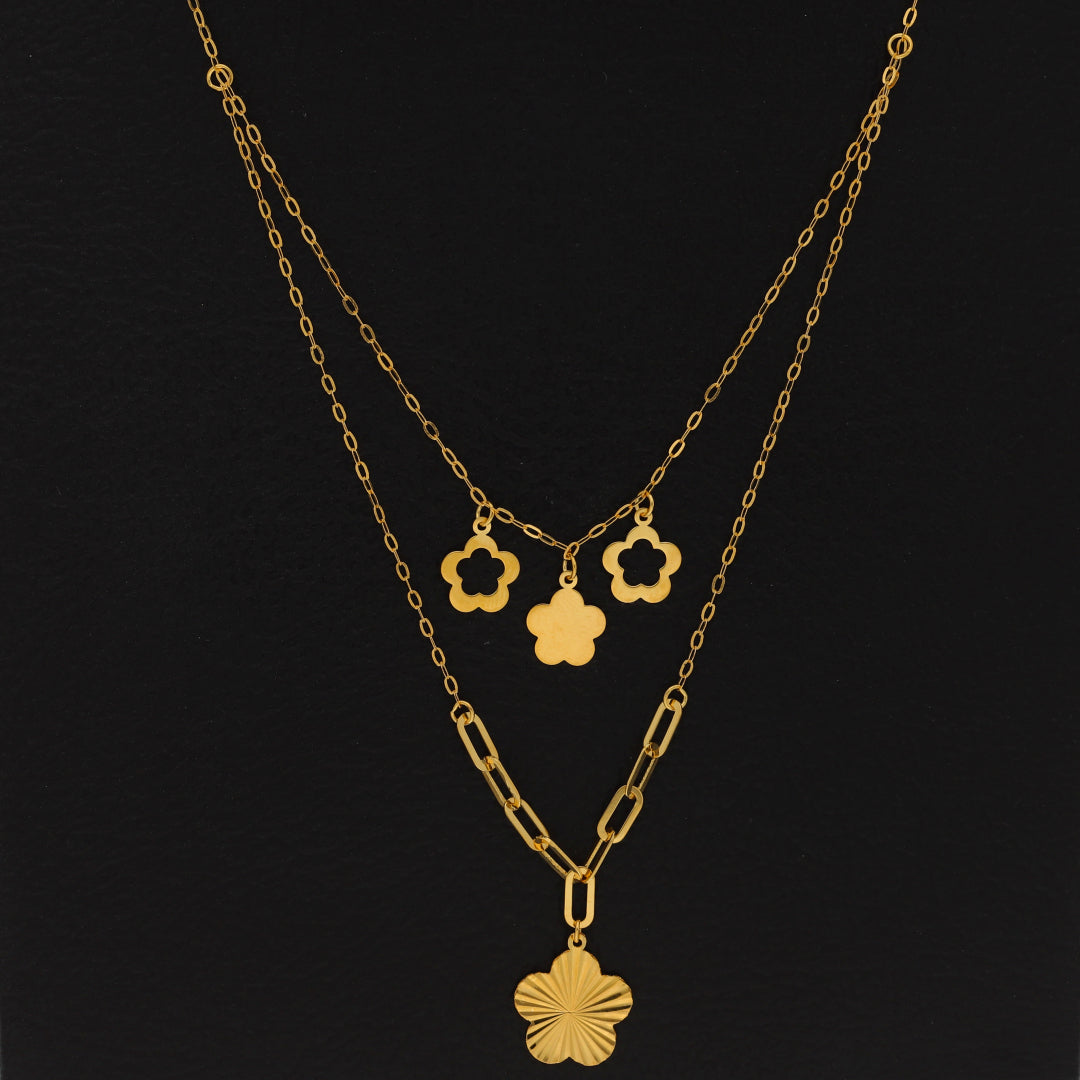 Gold Double Layered Necklace (Chain With Flower Shaped Pendant) 21KT - FKJNKL21KM9896