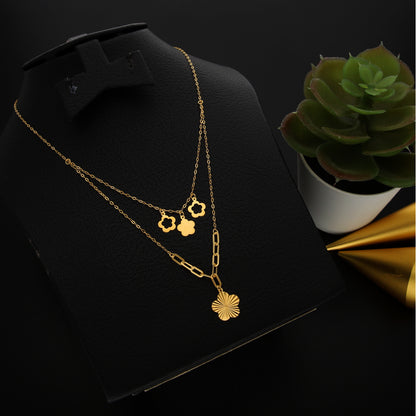 Gold Double Layered Necklace (Chain With Flower Shaped Pendant) 21KT - FKJNKL21KM9896