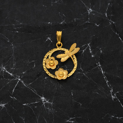 Gold Dragonfly & Flowers in Hollow Circle Shaped Pendant 21KT - FKJPND21KM9931