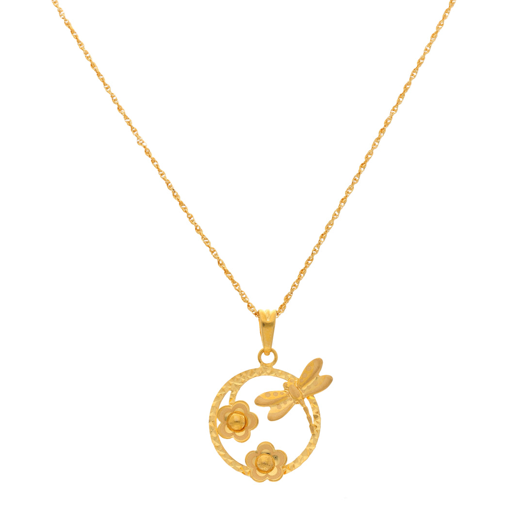 Gold Necklace (Chain With Dragonfly & Flowers in Hollow Circle Shaped Pendant) 21KT - FKJNKL21KM9931