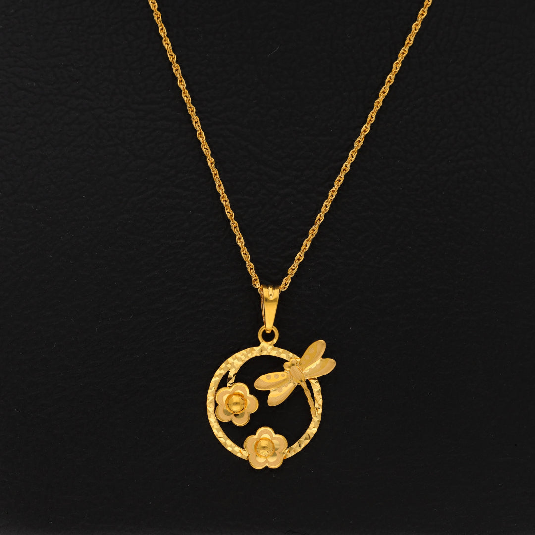 Gold Necklace (Chain With Dragonfly & Flowers in Hollow Circle Shaped Pendant) 21KT - FKJNKL21KM9931