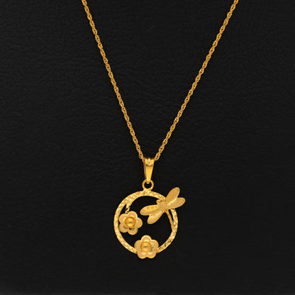 Gold Necklace (Chain With Dragonfly & Flowers in Hollow Circle Shaped Pendant) 21KT - FKJNKL21KM9931