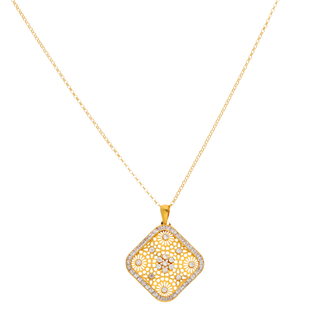 Gold Necklace (Chain With Zircon Square Shaped Pendant) 21KT - FKJNKL21KM9946