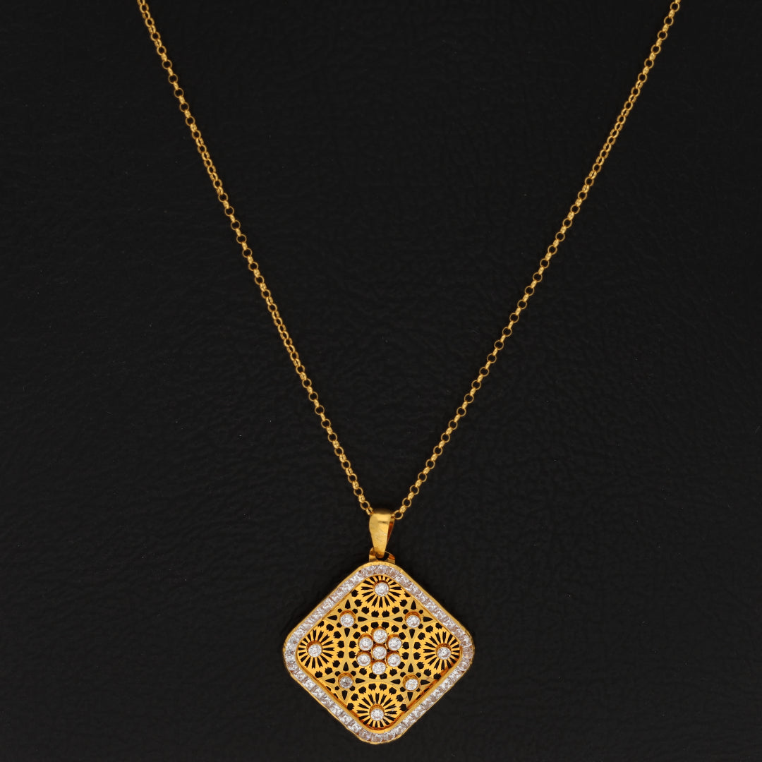 Gold Necklace (Chain With Zircon Square Shaped Pendant) 21KT - FKJNKL21KM9946