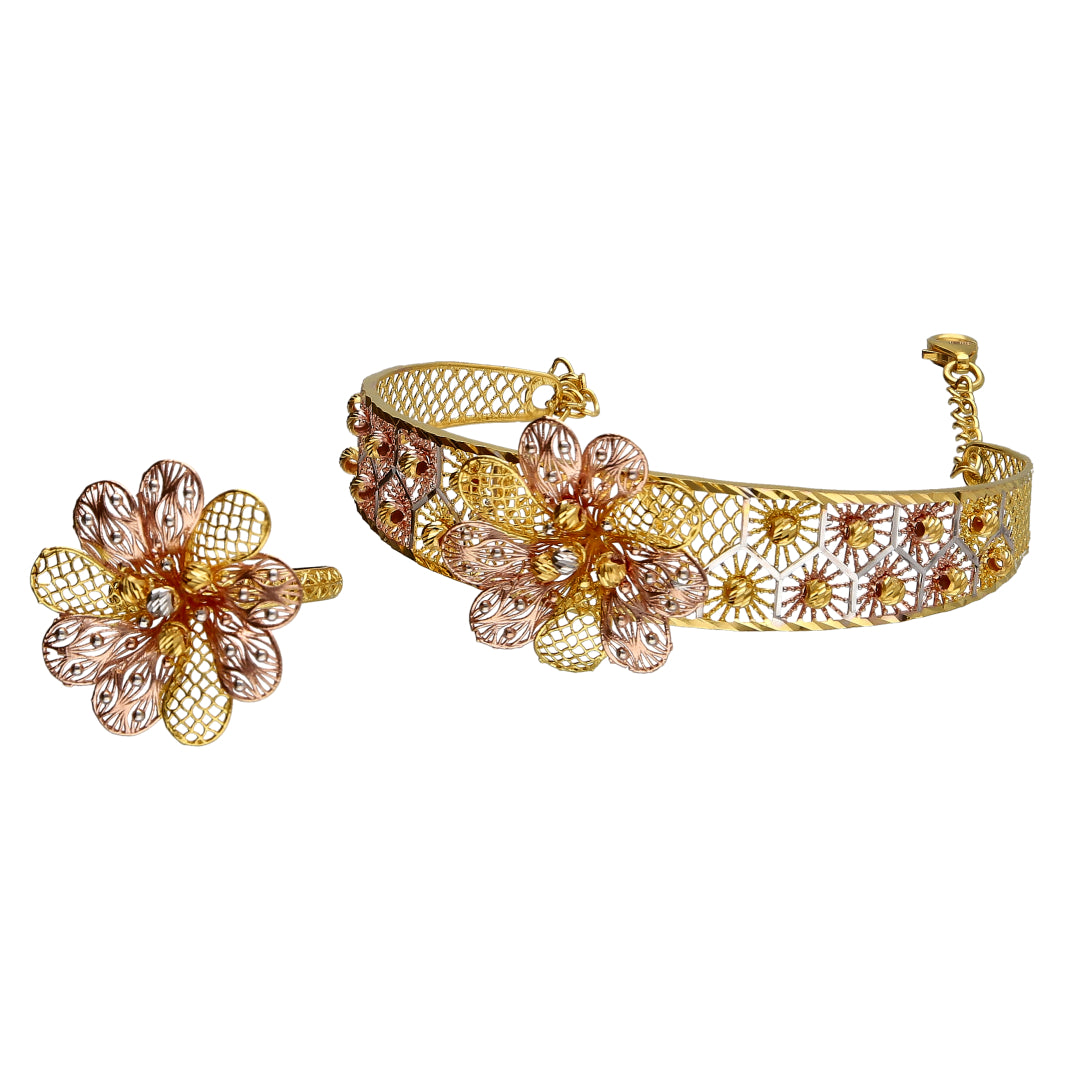 Gold Flower Shaped Designer Bangle Set (Bangle and Ring) 21KT - FKJSET21KM10116