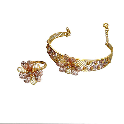Gold Flower Shaped Designer Bangle Set (Bangle and Ring) 21KT - FKJSET21KM10116