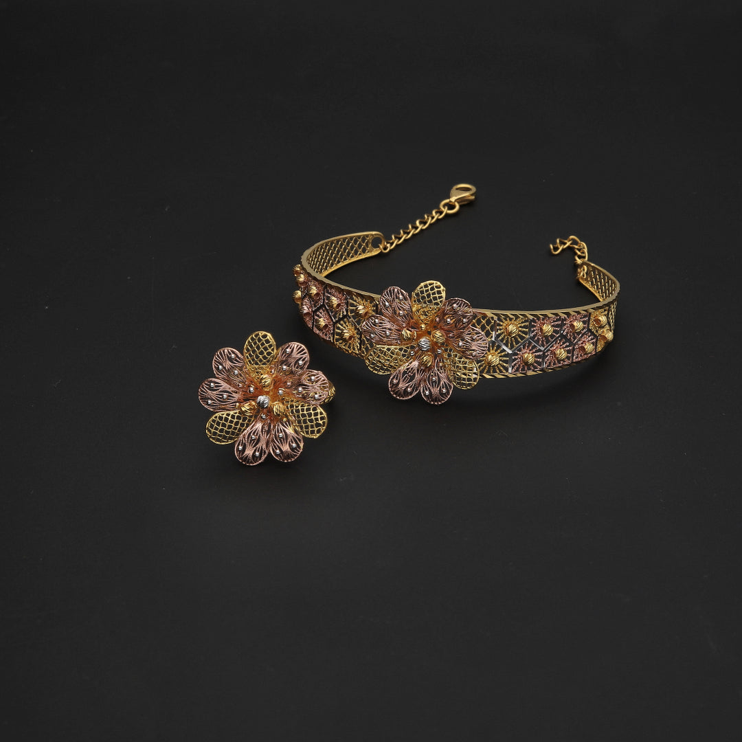 Gold Flower Shaped Designer Bangle Set (Bangle and Ring) 21KT - FKJSET21KM10116