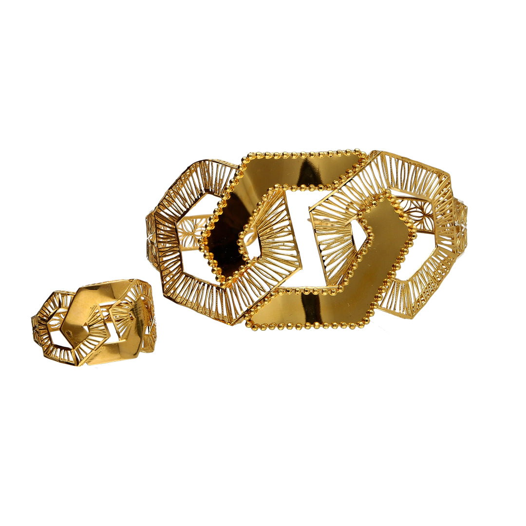 Gold Hexagon Design Bangle Set (Bangle and Ring) 21KT - FKJSET21KM10124