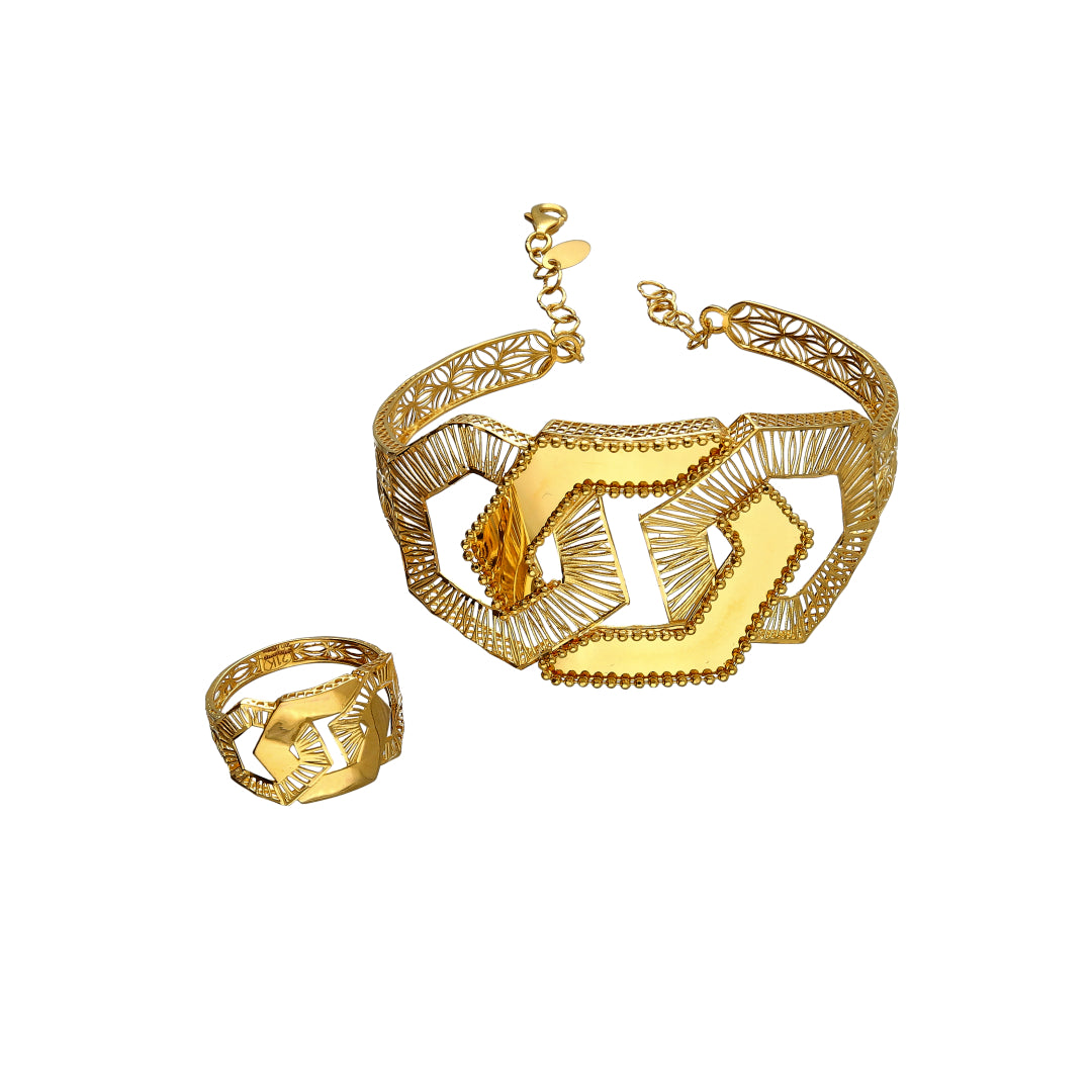 Gold Hexagon Design Bangle Set (Bangle and Ring) 21KT - FKJSET21KM10124