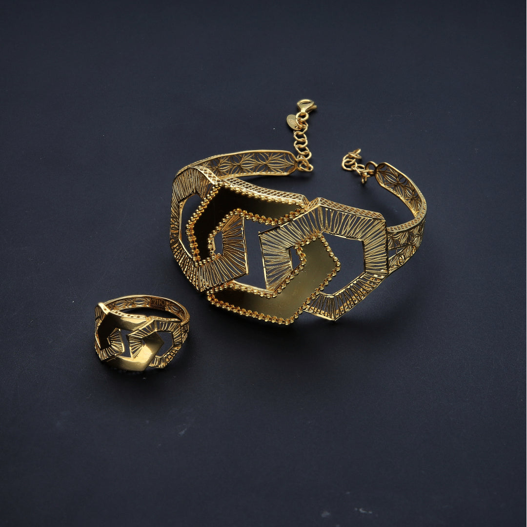 Gold Hexagon Design Bangle Set (Bangle and Ring) 21KT - FKJSET21KM10124