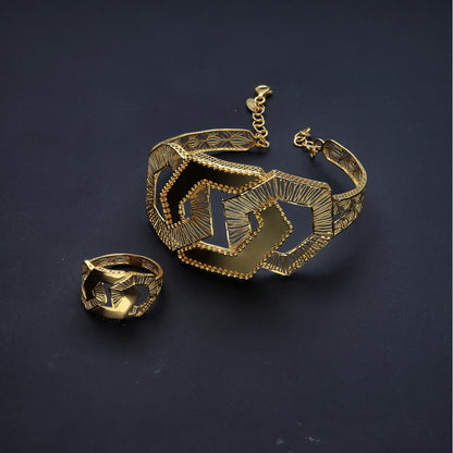 Gold Hexagon Design Bangle Set (Bangle and Ring) 21KT - FKJSET21KM10124