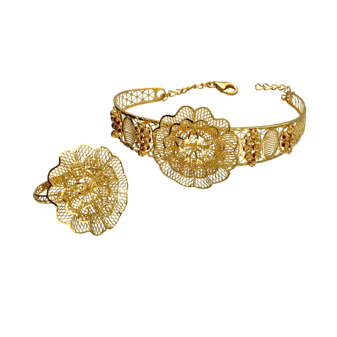 Gold Flower Design Bangle Set (Bangle and Ring) 21KT - FKJSET21KM10126