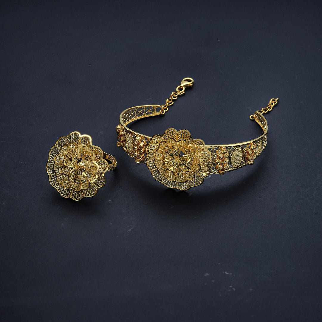 Gold Flower Design Bangle Set (Bangle and Ring) 21KT - FKJSET21KM10126