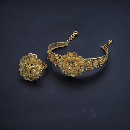 Gold Flower Design Bangle Set (Bangle and Ring) 21KT - FKJSET21KM10126