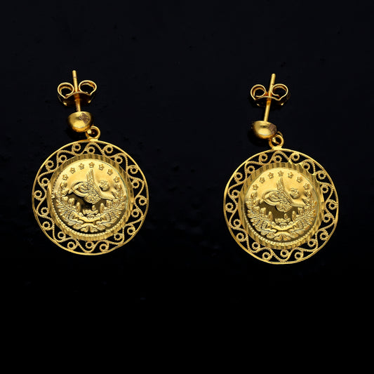 Gold Lira Medallion Earrings 21KT - FKJERN21KM10854