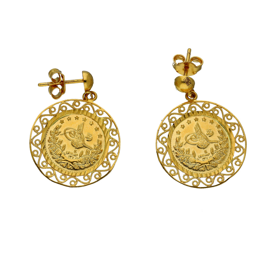 Gold Lira Medallion Earrings 21KT - FKJERN21KM10854