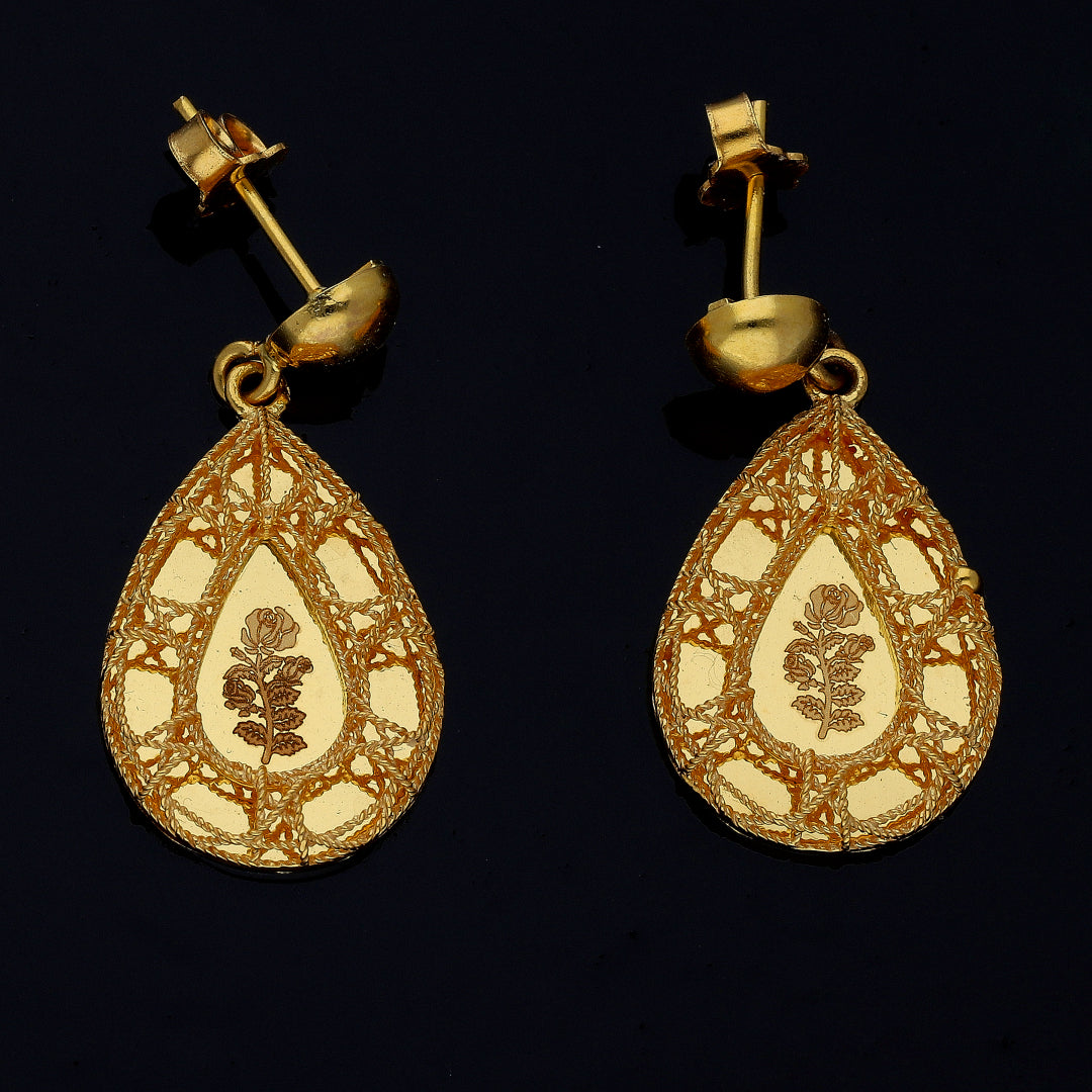 Gold Floral Teardrop Earrings 21KT - FKJERN21KM10856