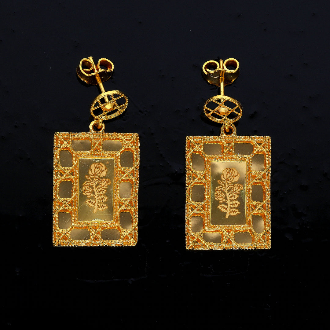 Gold Vintage Rose Drop Earrings 21KT - FKJERN21KM10860