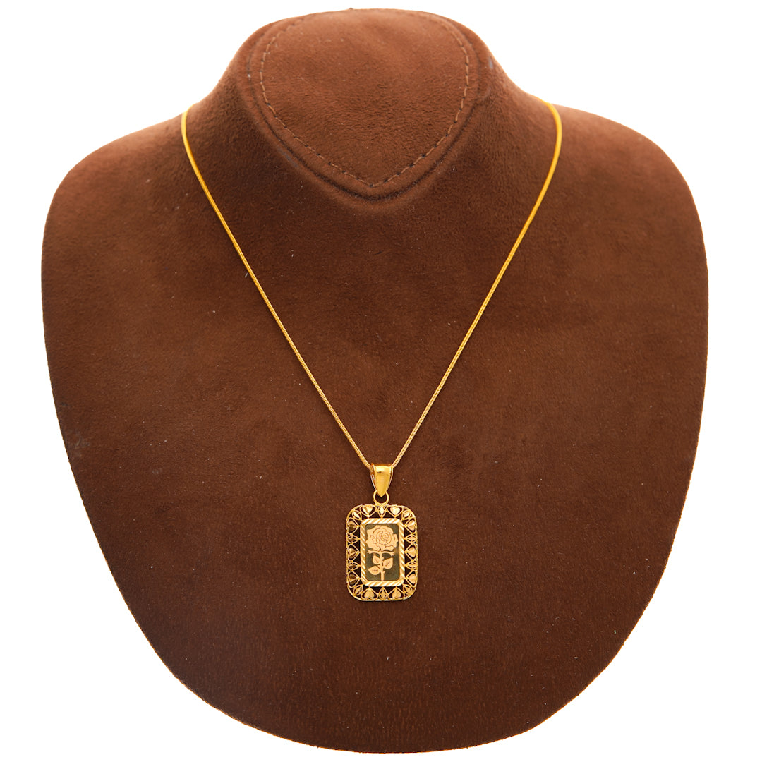 Gold Necklace (Chain with Rose Motif Rectangle Pendant) 21KT - FKJNKL21KM10205