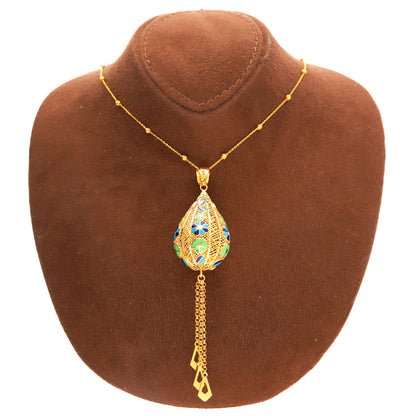 Gold Necklace (Beaded Chain with Hanging Drop Shaped Pendant) 21KT - FKJNKL21KM10149