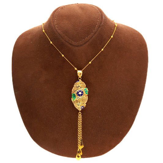 Gold Necklace (Beaded Chain with Oval Shaped Hanging Pendant) 21KT - FKJNKL21KM10160