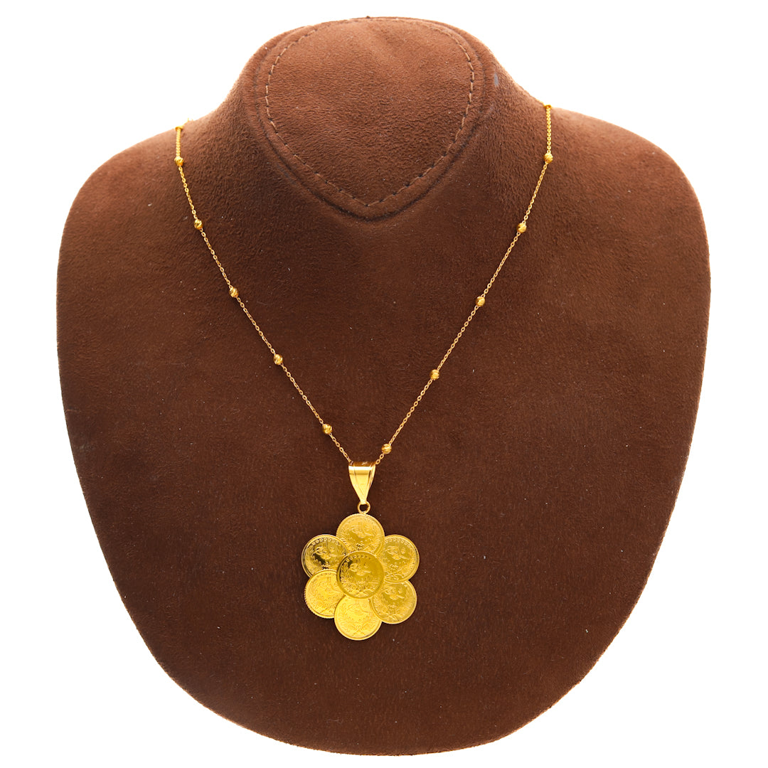 Gold Necklace (Beaded Chain with Flower Shaped Pendant) 21KT - FKJNKL21KM10162