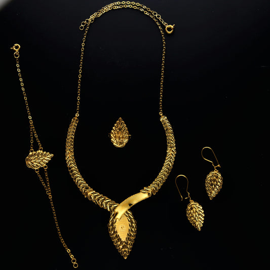 Gold Leaf Design Necklace Set (Necklace, Bracelet, Earrings and Ring) 21KT - FKJNKLST21KM10163