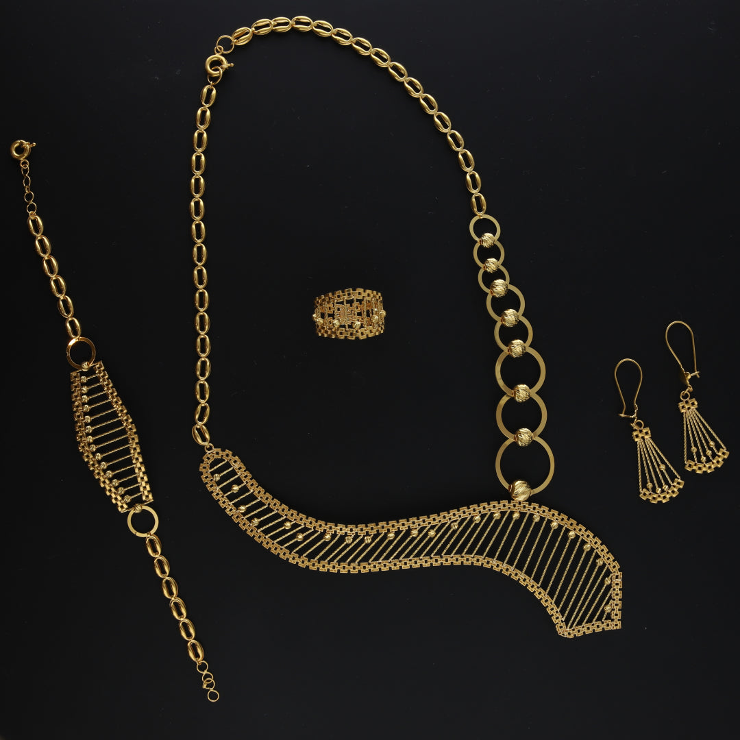 Gold Cascade Necklace Set (Necklace, Bracelet, Earrings and Ring) 21KT - FKJNKLST21KM10164