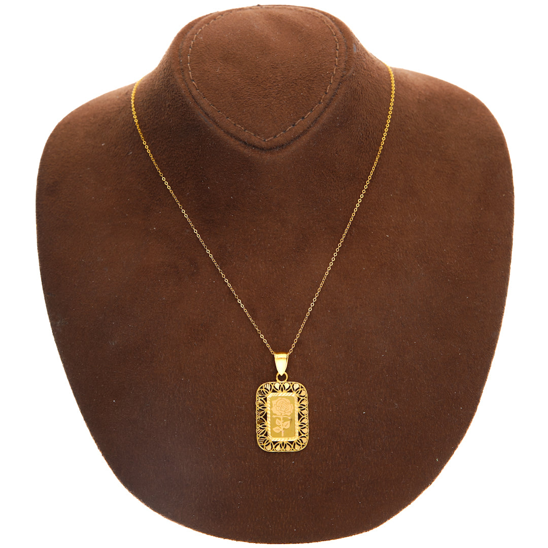 Gold Necklace (Chain with Square Shaped Rose Engraved Pendant) 21KT - FKJNKL21KM10190