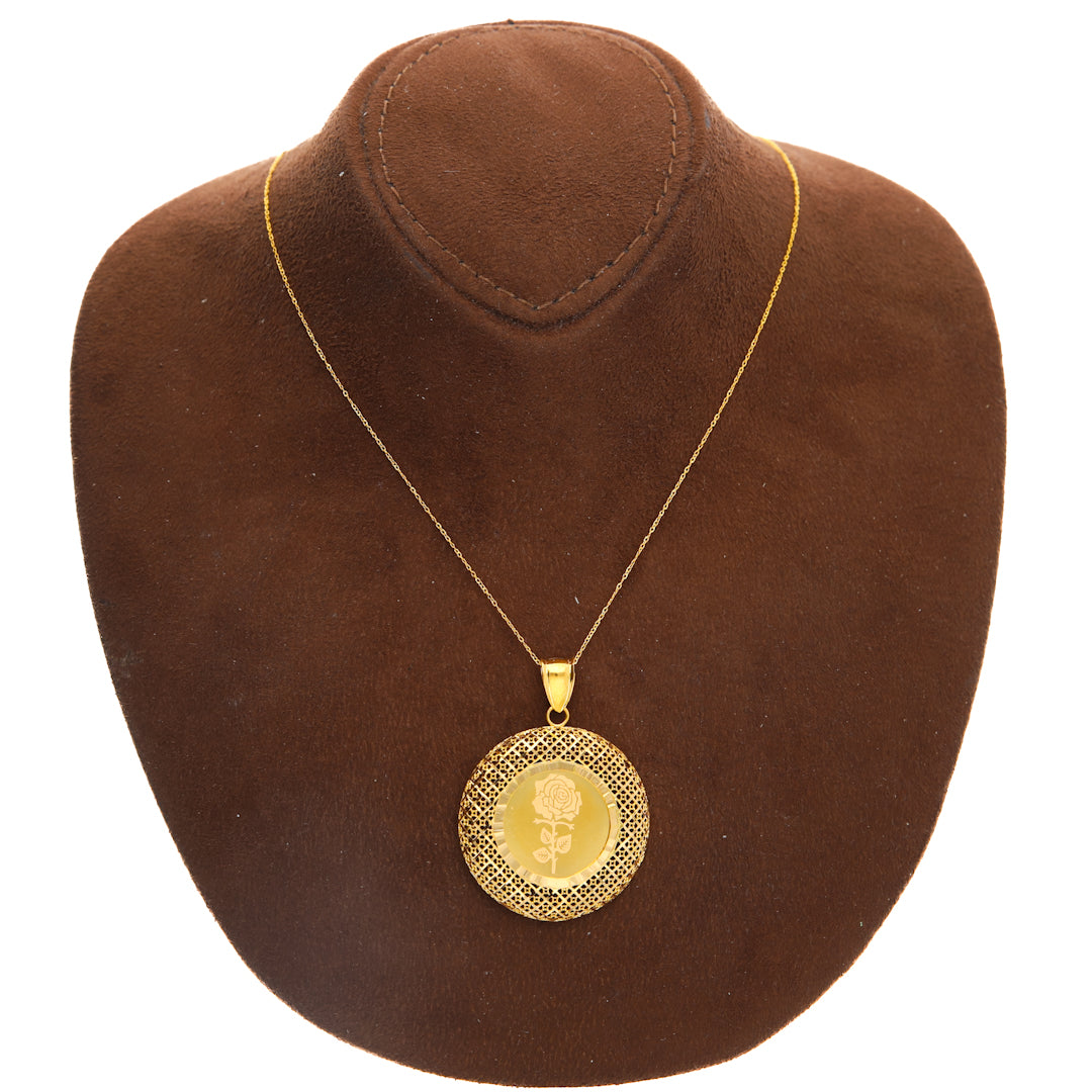 Gold Necklace (Chain with Round Shaped Engraved Rose Pendant) 21KT - FKJNKL21KM10193