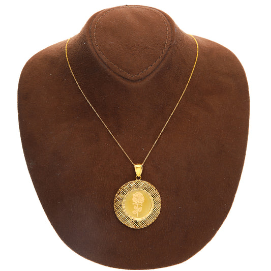 Gold Necklace (Chain with Round Shaped Engraved Rose Pendant) 21KT - FKJNKL21KM10193