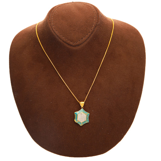 Gold Necklace (Chain with Turquoise Hexa-Star Pendant) 21KT - FKJNKL21KM10200