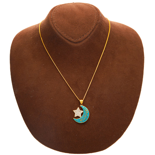 Gold Necklace (Chain with Star & Crescent Turquoise Moon Pendant) 21KT - FKJNKL21KM10203