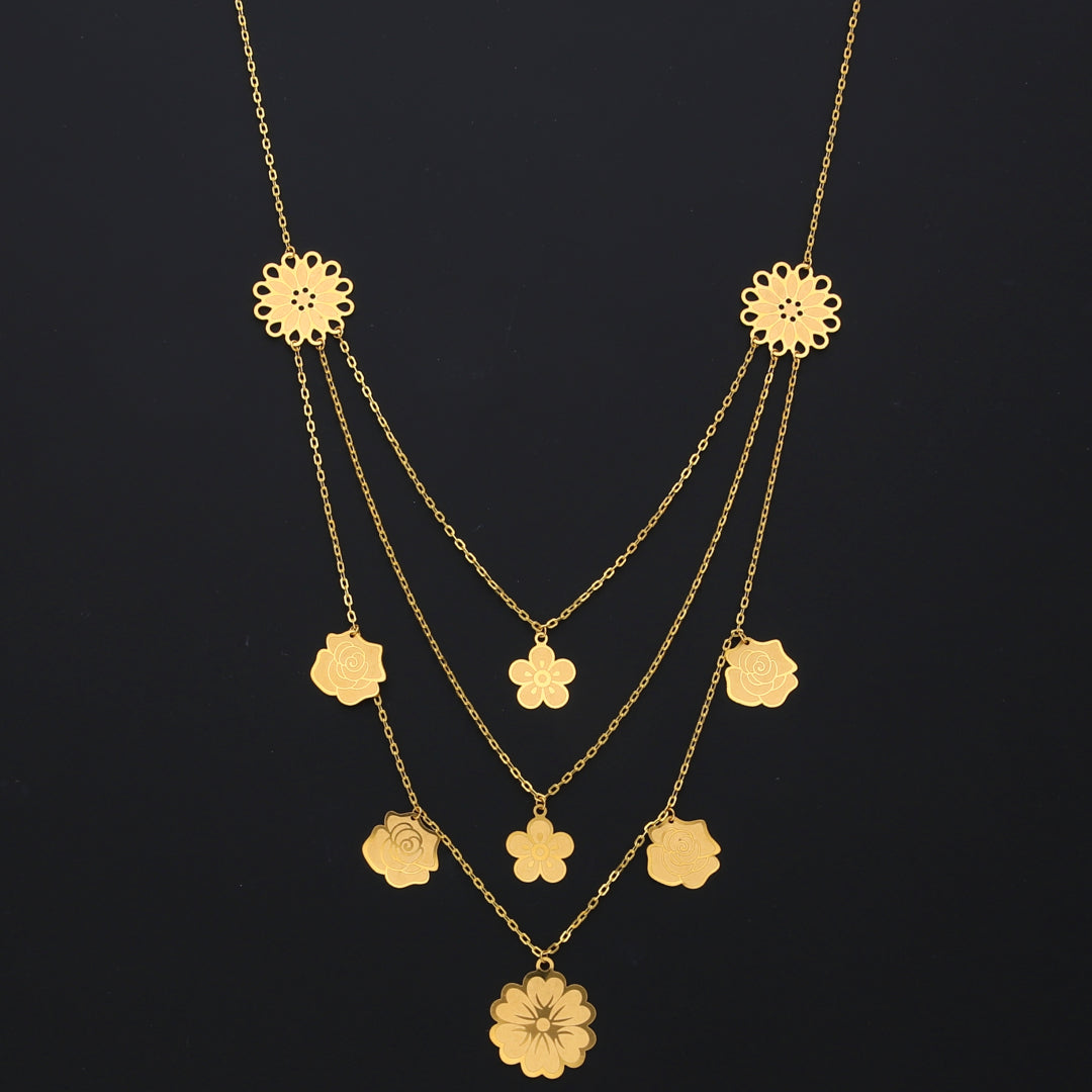 Gold Multi-Floral Layer Necklace 21KT - FKJNKL21KM10348