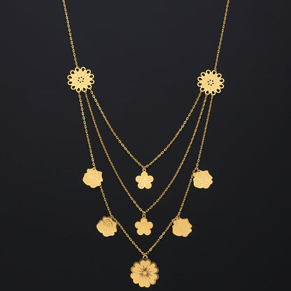 Gold Multi-Floral Layer Necklace 21KT - FKJNKL21KM10348