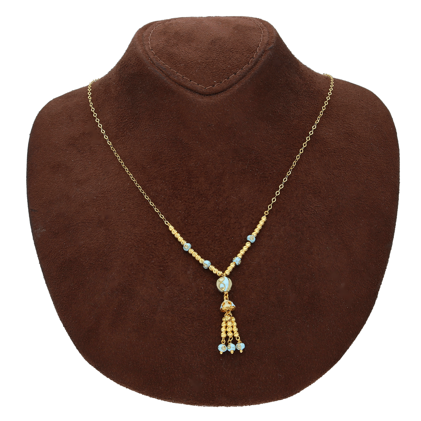 Gold Sky Blue Beaded Tassel Necklace 21KT - FKJNKL21KM10360