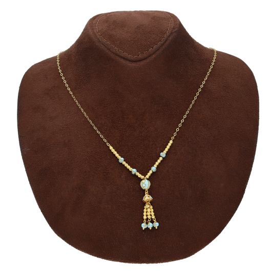 Gold Sky Blue Beaded Tassel Necklace 21KT - FKJNKL21KM10360