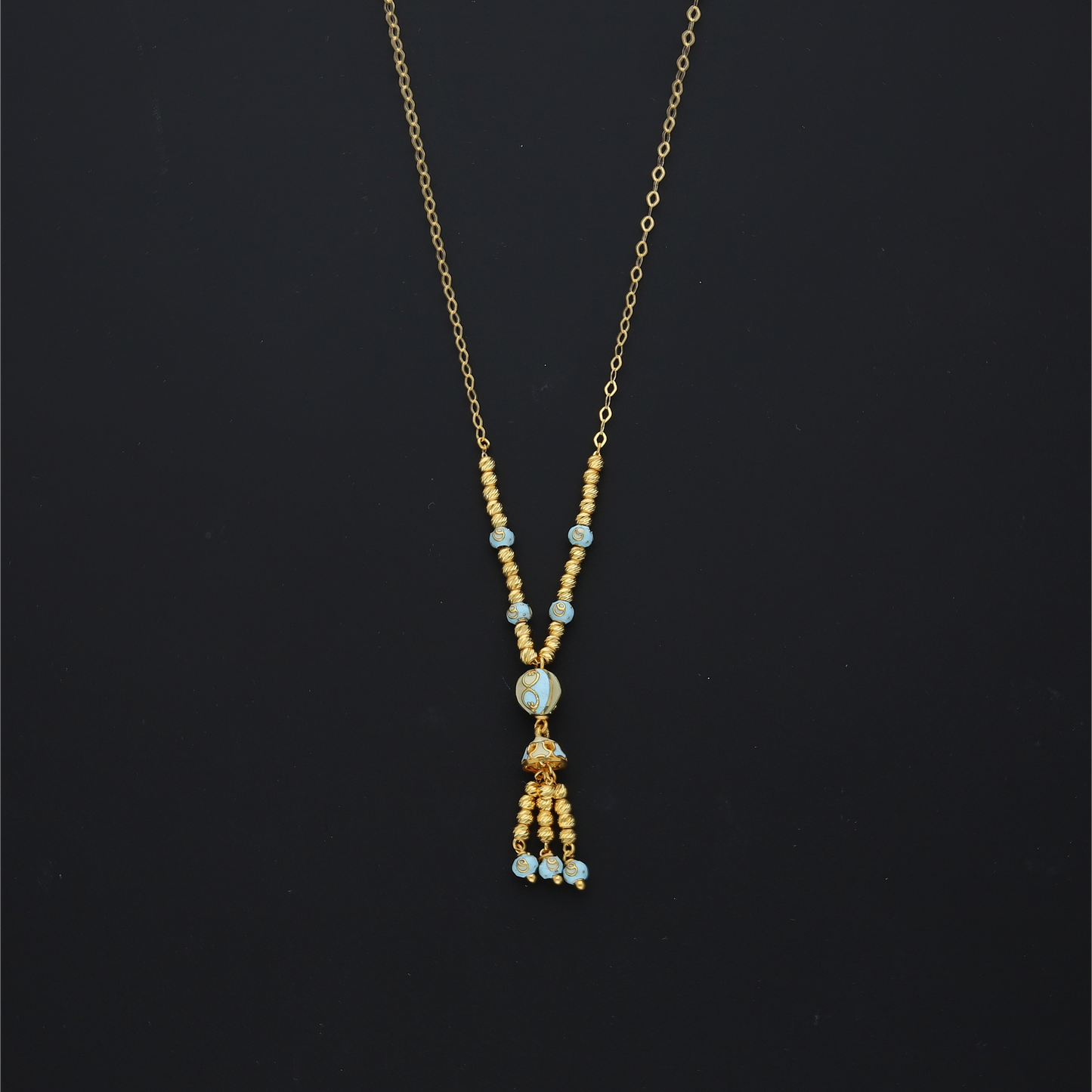 Gold Sky Blue Beaded Tassel Necklace 21KT - FKJNKL21KM10360