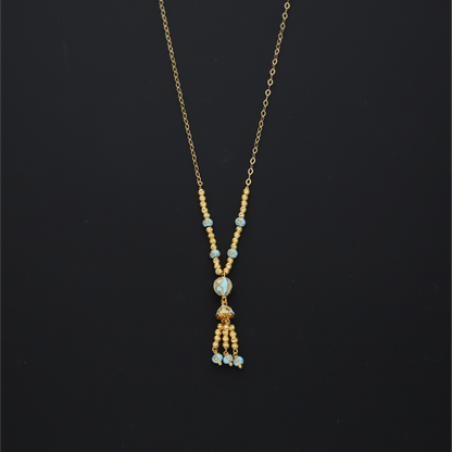 Gold Sky Blue Beaded Tassel Necklace 21KT - FKJNKL21KM10360