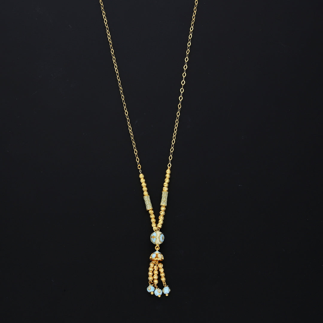 Gold Blue Bead Tassel Necklace 21KT - FKJNKL21KM10367