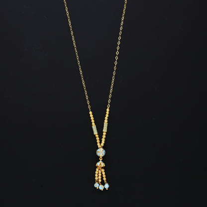 Gold Blue Bead Tassel Necklace 21KT - FKJNKL21KM10367