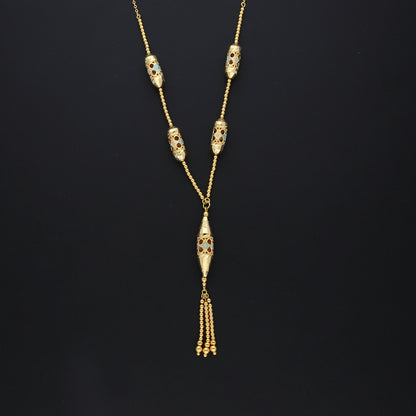 Gold Barrel Bead Tassel Drop Necklace 21KT - FKJNKL21KM10375